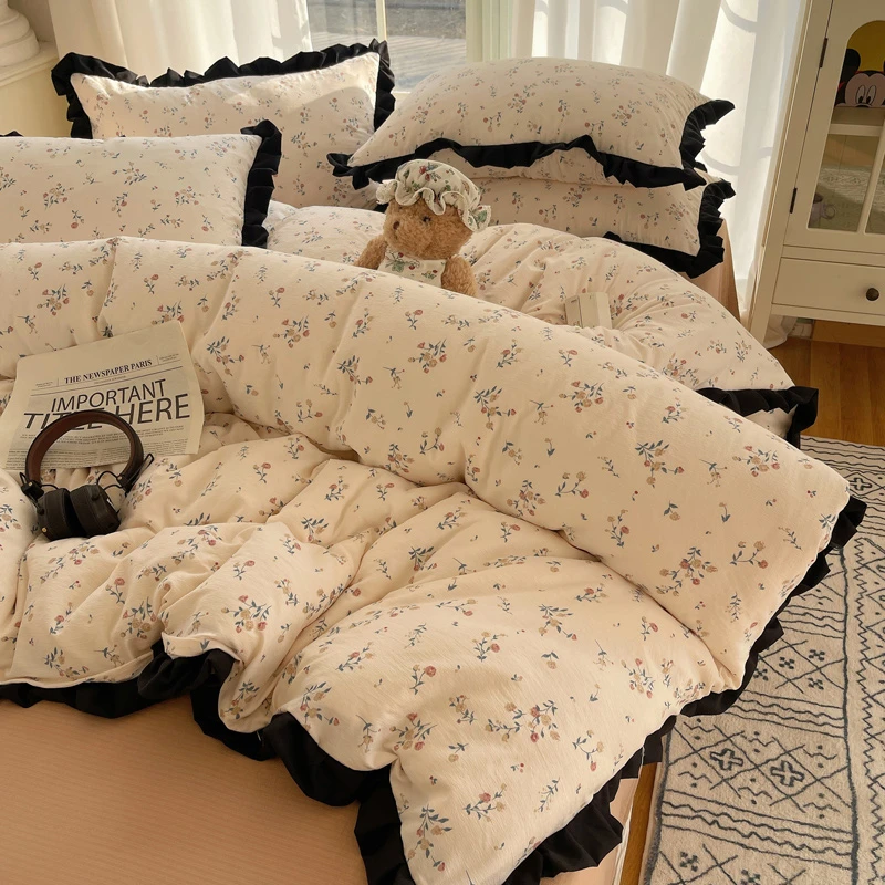 法式双层纱水洗针织棉韩版花边公主风四件套073春风十里