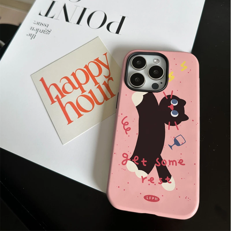 可爱酒杯猫咪菲林二合一适用苹果17/16promax手机壳15/14保护套13