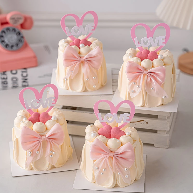 七夕情人节快乐蛋糕装饰爱心love亚克力珍珠蝴蝶结蛋糕插件