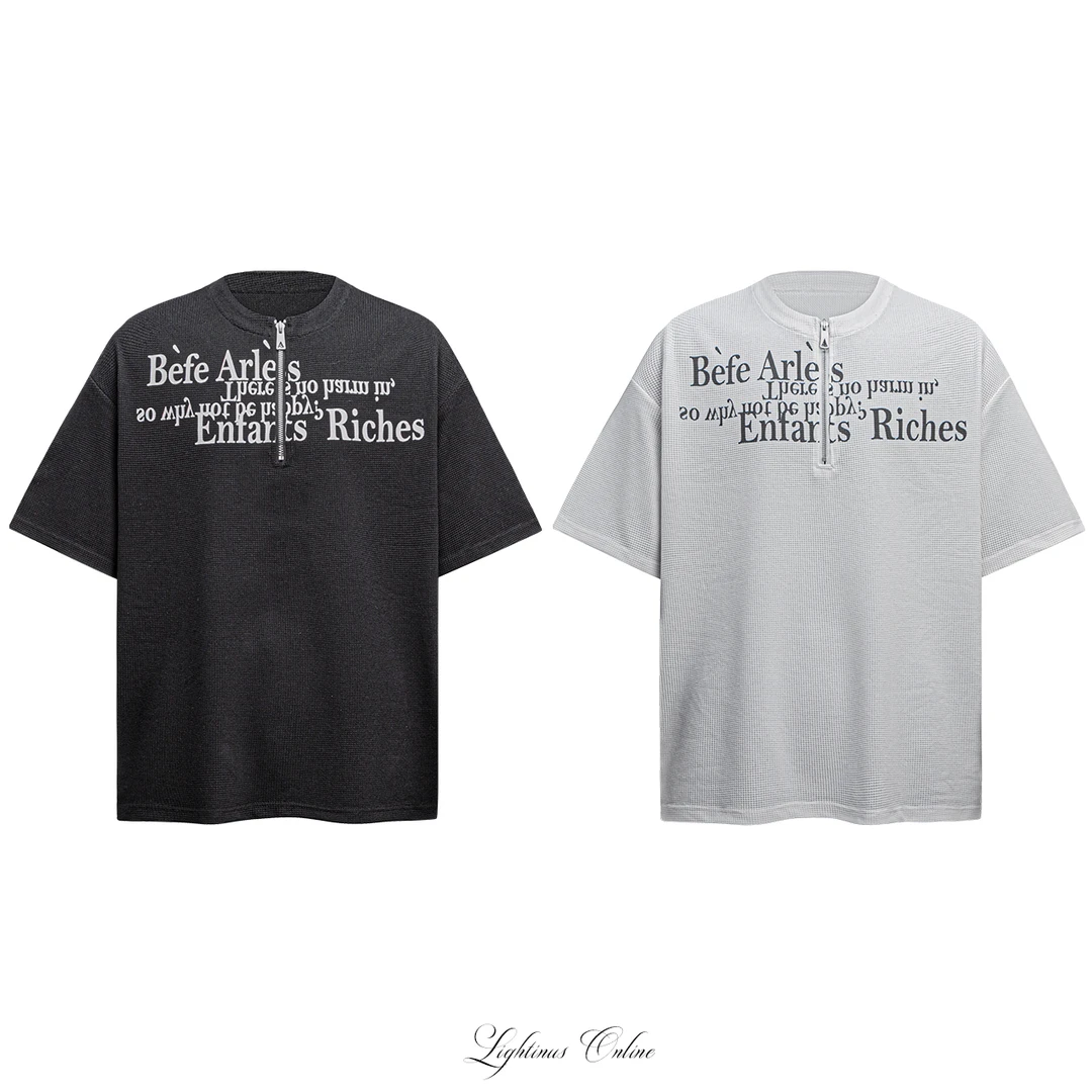 LightinUs美式复古华夫格做旧水洗印花拉链T恤圆领宽松半袖上衣男