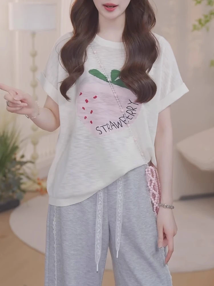 草莓印花冰丝针织短袖t恤女夏季2025新款显瘦宽松洋气减龄上衣isn