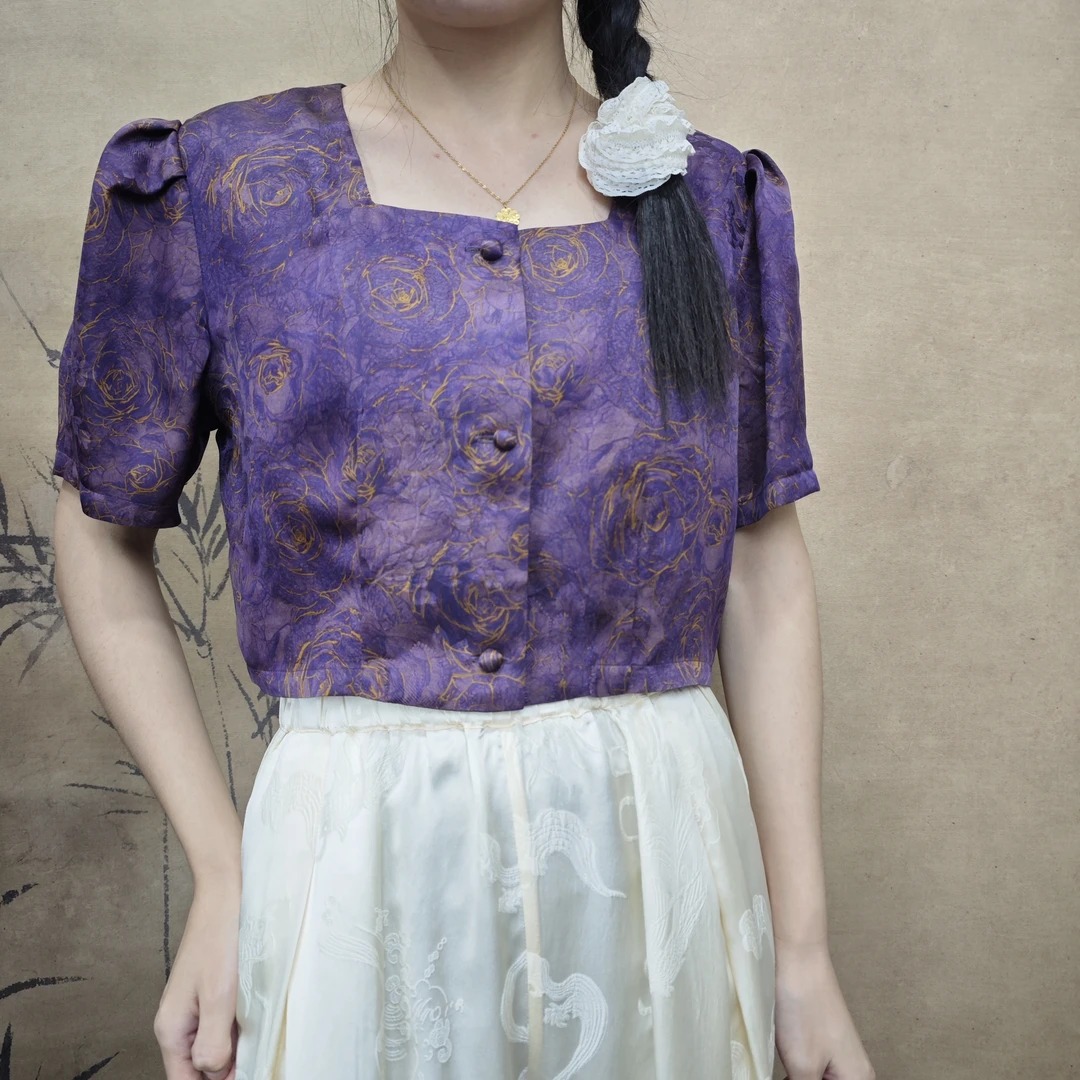 100桑蚕丝香云纱法式泡泡袖小短款上衣