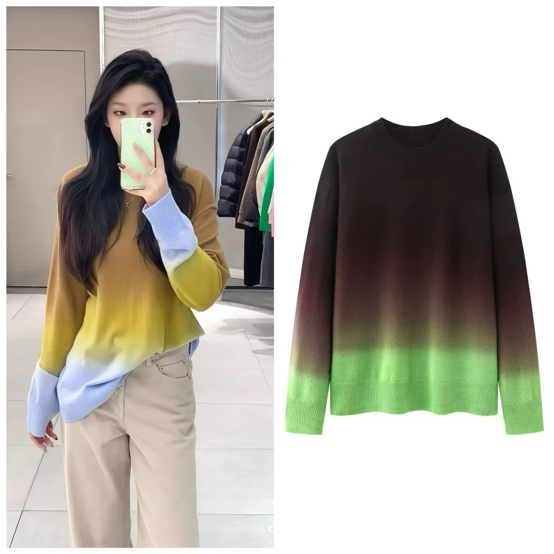2025秋冬新款百搭宽松渐变色圆领套头针织打底衫内搭上衣女【7030】