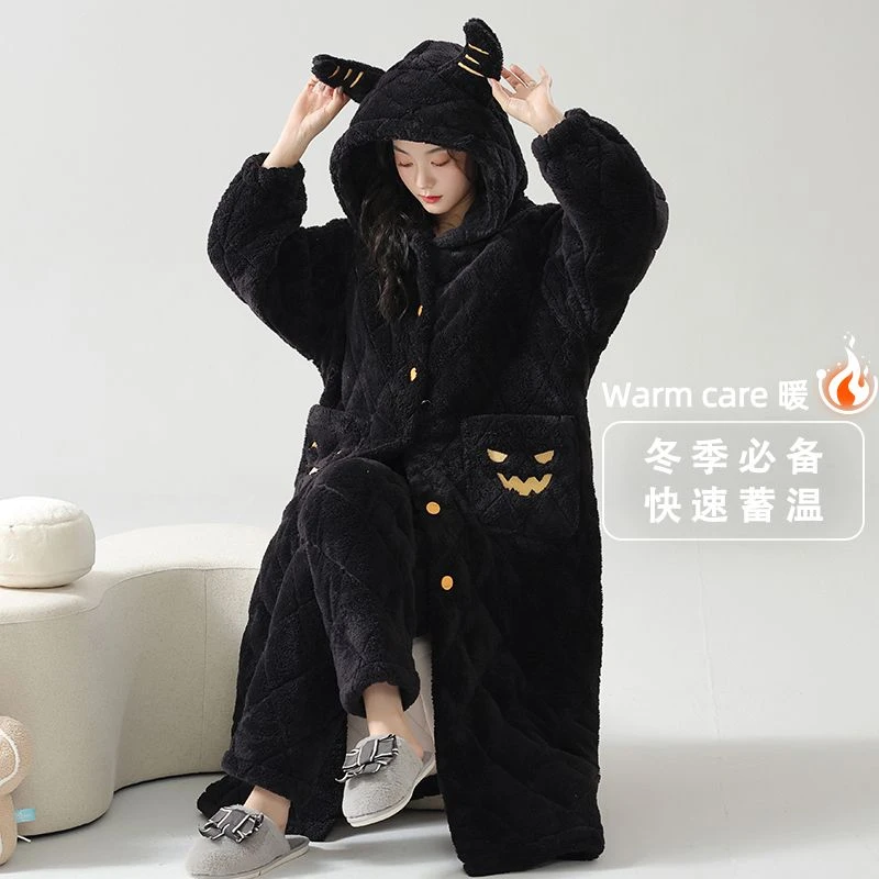 加绒加厚三层夹棉2025新款珊瑚绒睡衣女秋冬季睡袍可外穿家居服