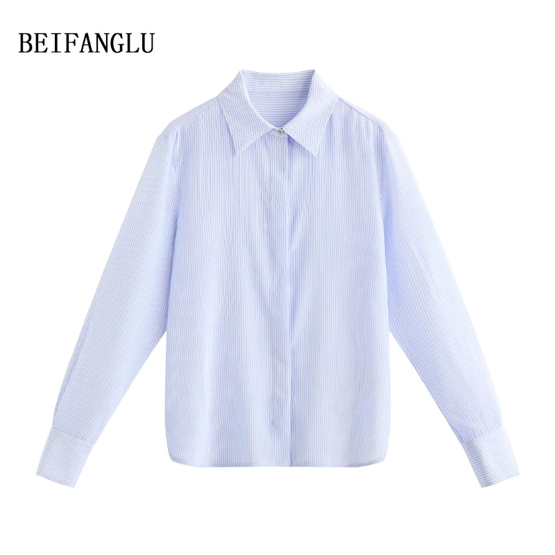 北方鹿 法式轻奢桑蚕丝！早秋丝滑舒适蓝条纹暗门襟女士衬衫25502