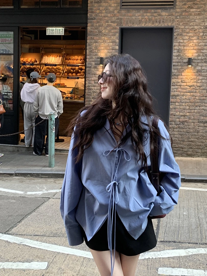 2025春季慵懒风蝴蝶结系带长袖衬衫女春季休闲宽松翻领中长款上衣