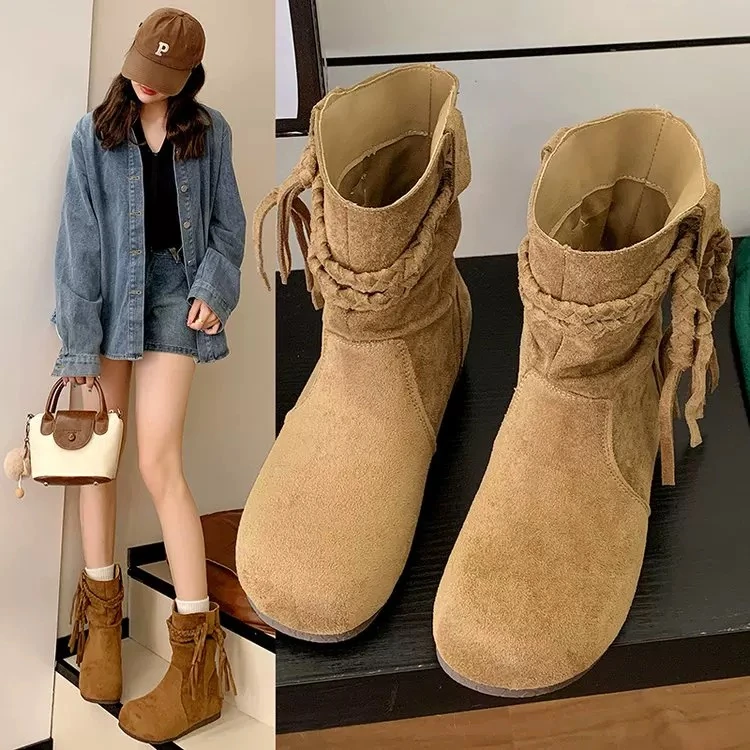超火~复古美拉德内增高短靴女2025新款秋季显瘦堆堆靴流苏马丁靴