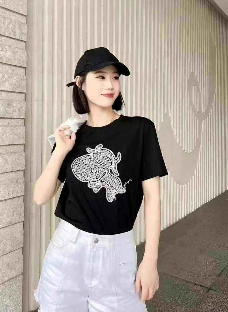 夏季宽松短袖牛牛刺绣黑色T恤女1300356
