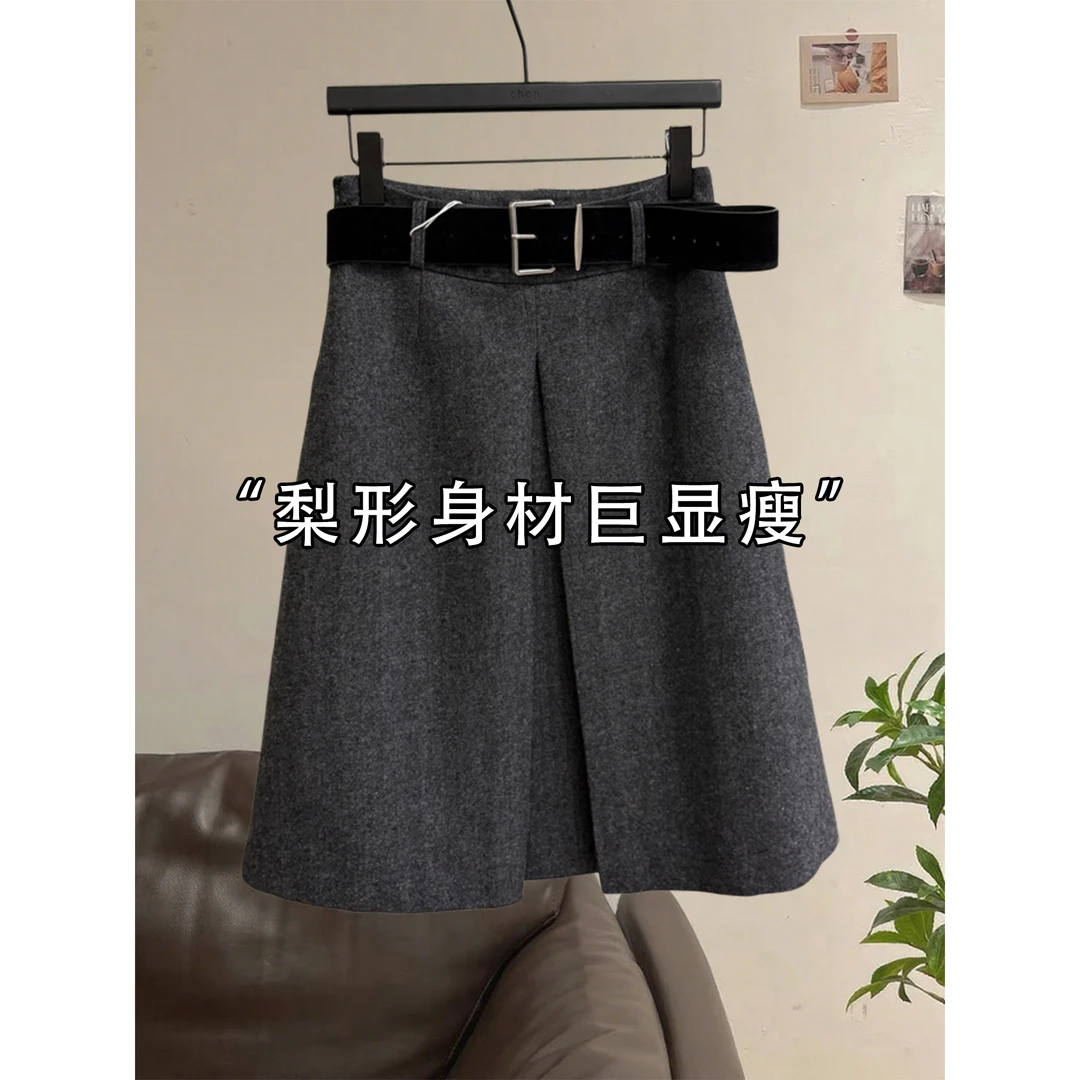 韩版灰色毛呢A字半身裙女秋冬新款时尚黑色高腰显瘦百搭包臀伞裙
