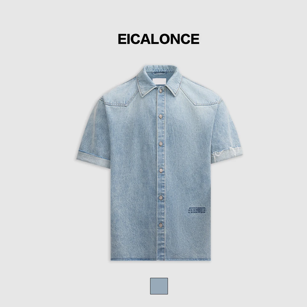 Eicalonce·意卡伦萨25·SS时尚刺绣水洗做旧宽松牛仔衬衫男SL12253
