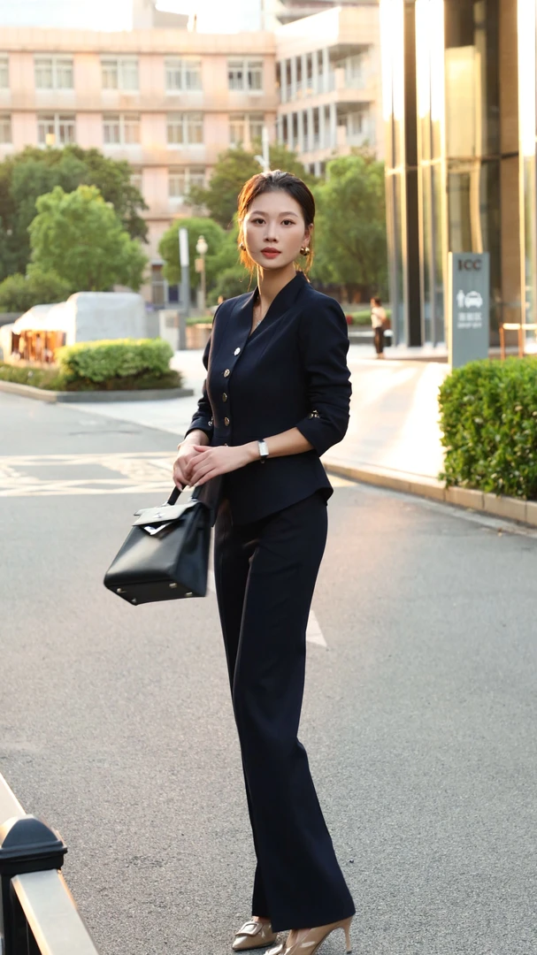【GUTIFU】外套长袖长裤职业女裤套装西装时尚修身女士裤子藏蓝色