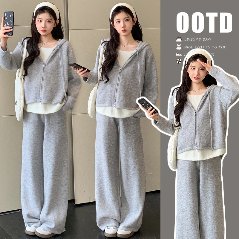 2025新款孕妇秋冬长袖连帽假两件套装秋冬宽松显瘦慵懒风套装
