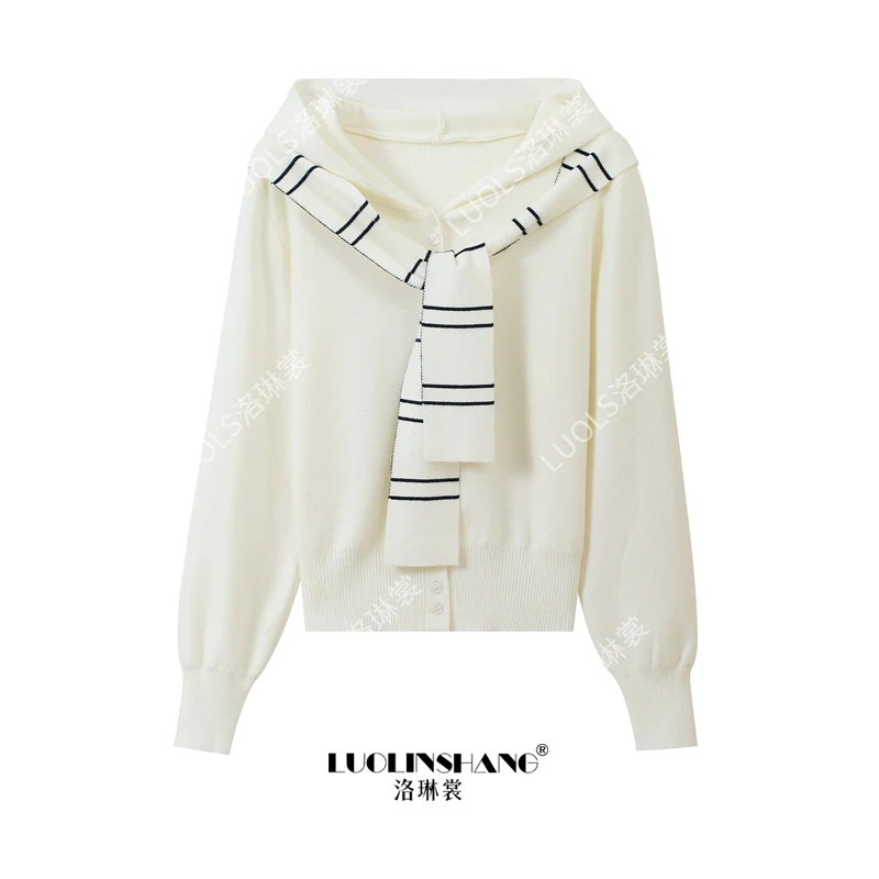 2025秋冬连帽撞色假两件披肩针织开衫设计感百搭显瘦时尚气质上衣