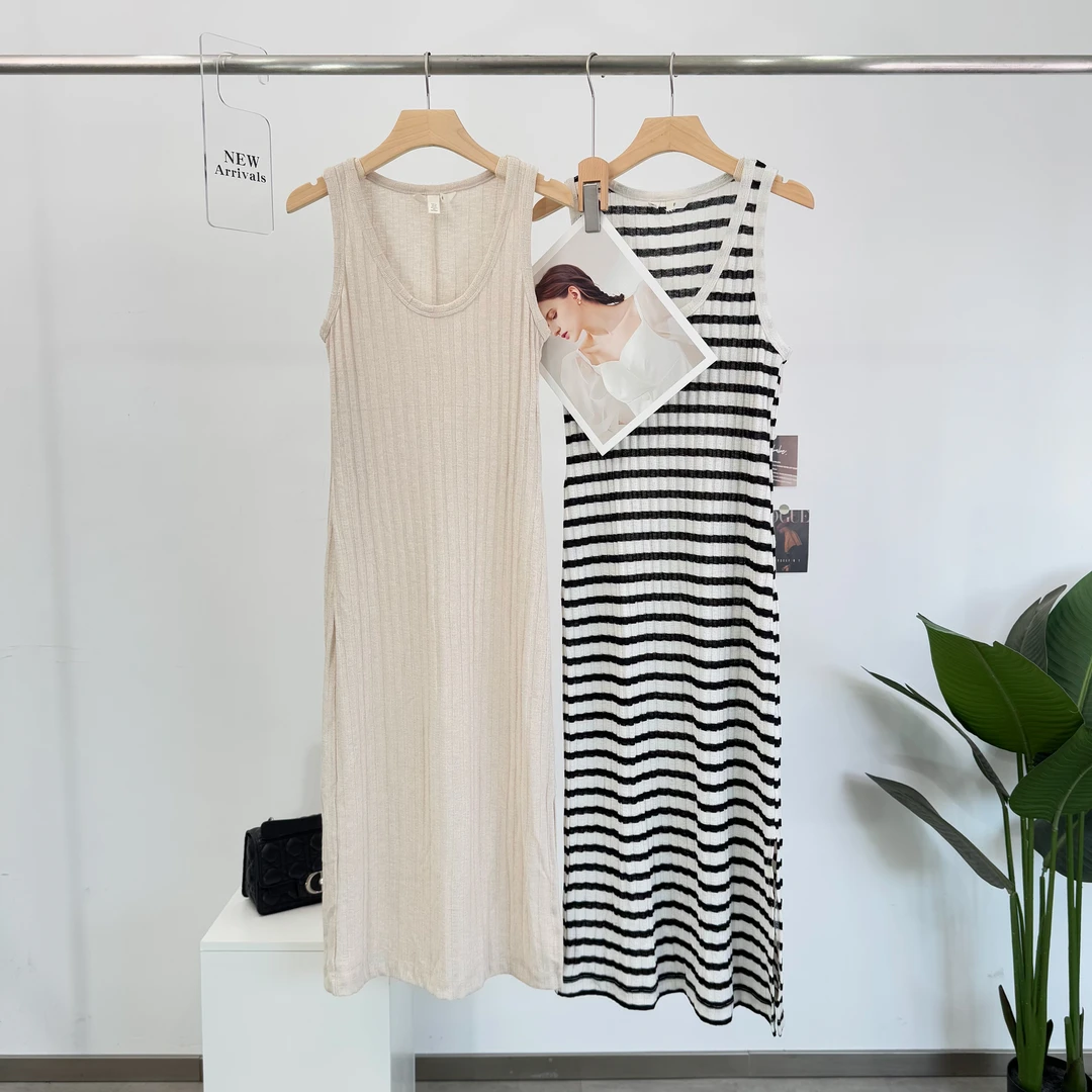 B758新款时尚背心裙条纹夏季长裙无袖连衣裙甜美常规套头A字裙