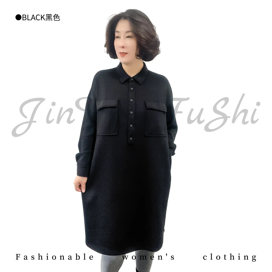 【金典女人服饰】POLO领双兜简约长袖连衣裙    大码女中长款裙3818