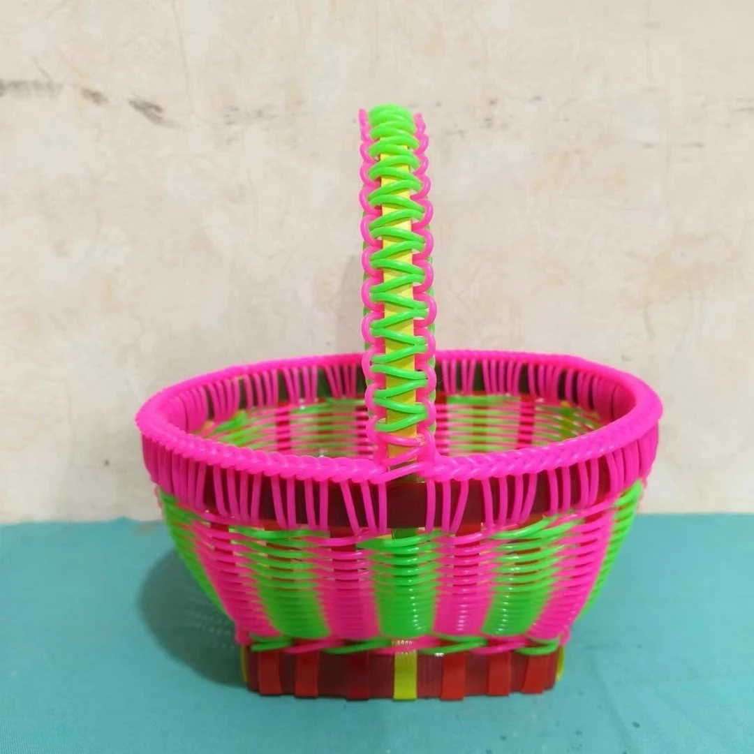 手工编织彩色收纳篮家用水果篮藤条针织加厚手提篮子创意