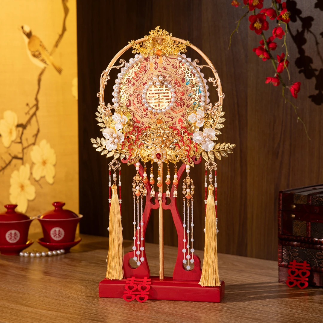 重工原创团扇新娘结婚diy材料包高级感香槟色秀禾喜扇成品礼盒装