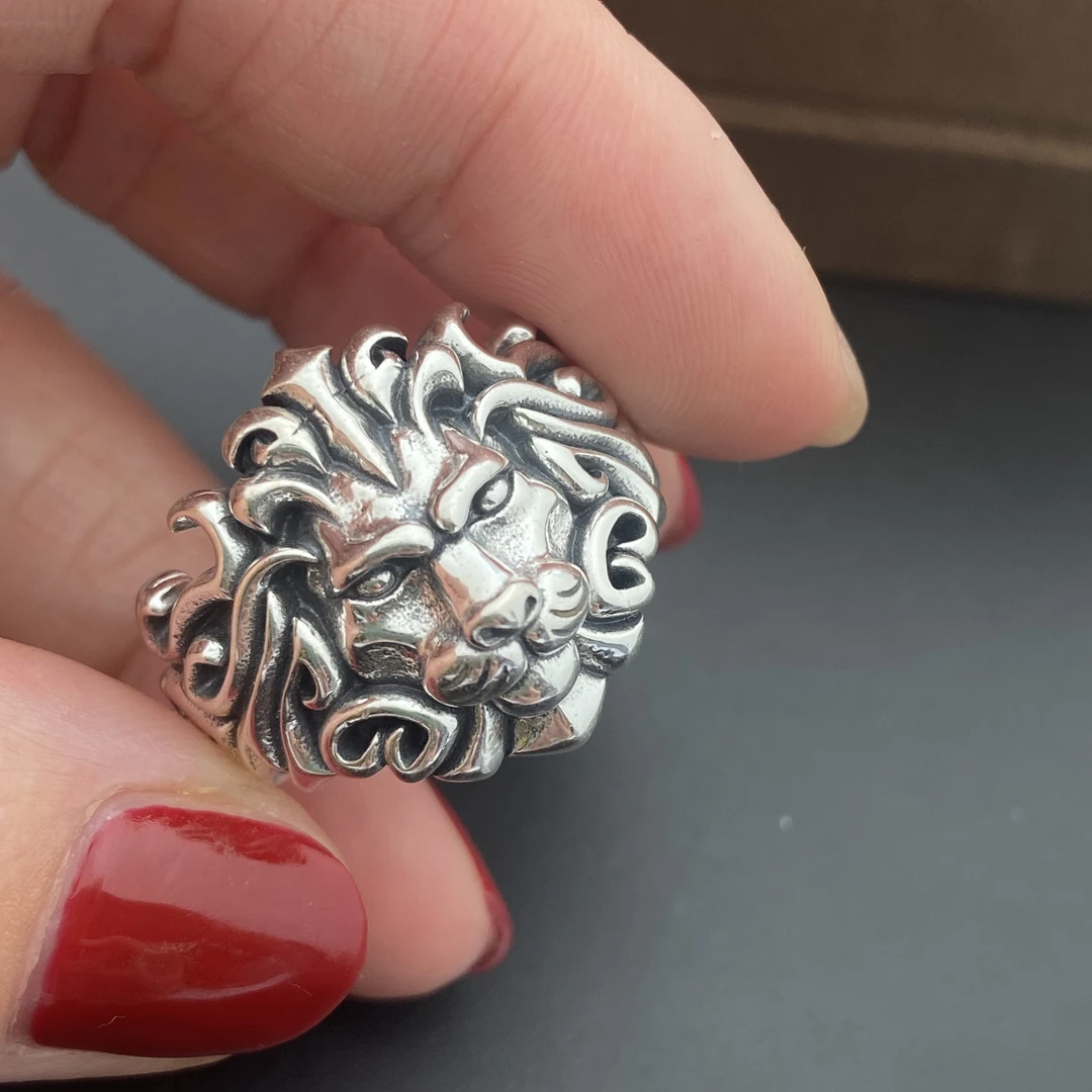 925银戒指 狮子头朋克指环古银戒做旧素款银制个性民族风纯手工