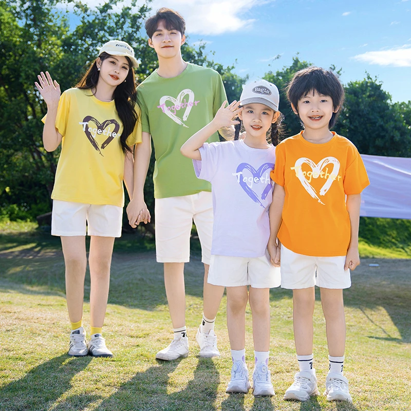 多巴胺亲子装一家三口四口短袖t恤套装糖果色爱心姐妹闺蜜母女装