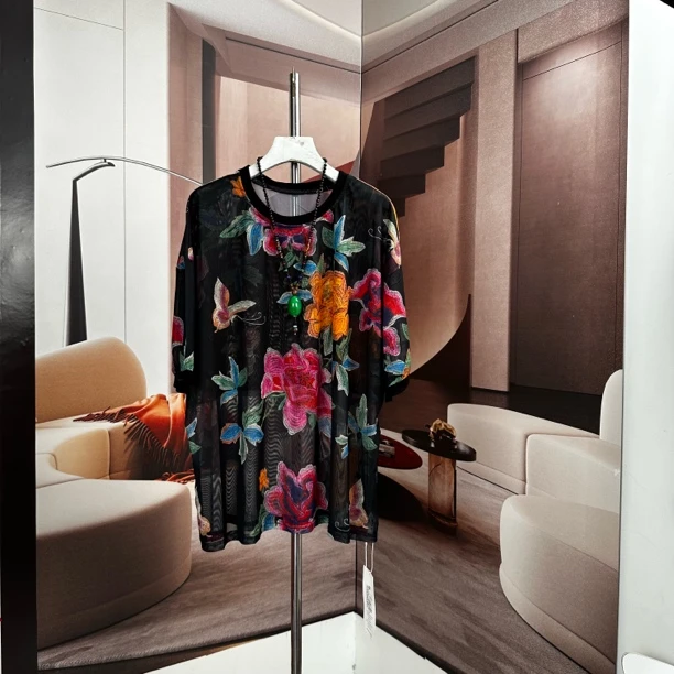 大牡丹2025新款冰丝洋气宽松妈妈装T恤黑色气质时尚休闲夏季短袖