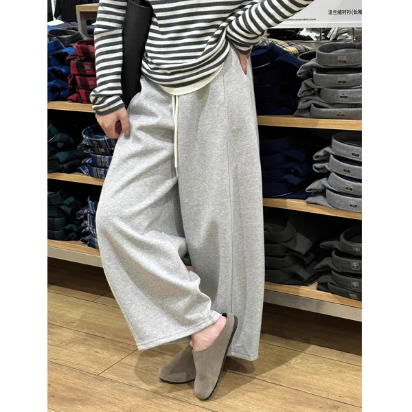 灰色休闲运动裤女秋冬加绒加厚大码胖mm高腰宽松显瘦阔腿弯刀裤子