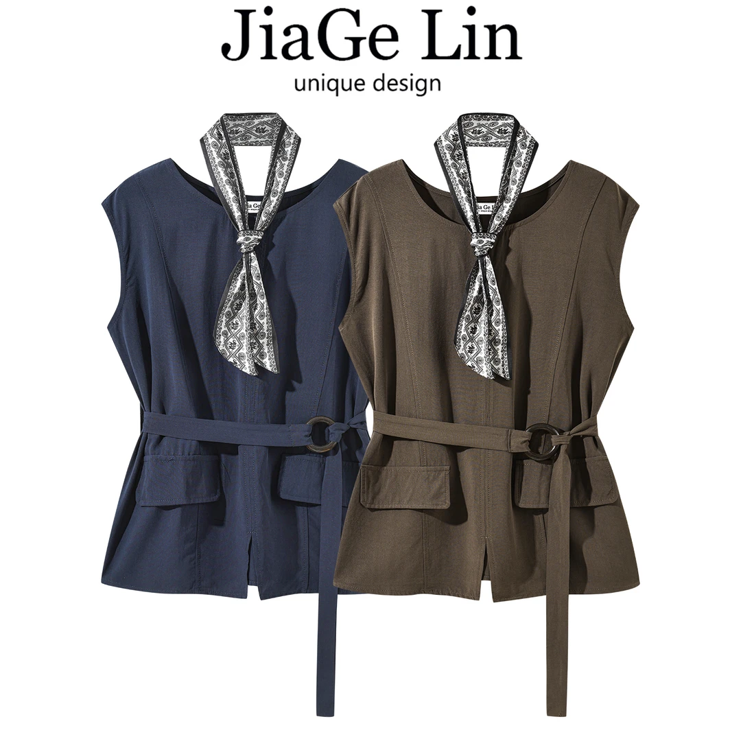 JiaGeLin韩系高级感圆领无袖衬衫纯色小衫女夏季休闲时尚收腰上衣