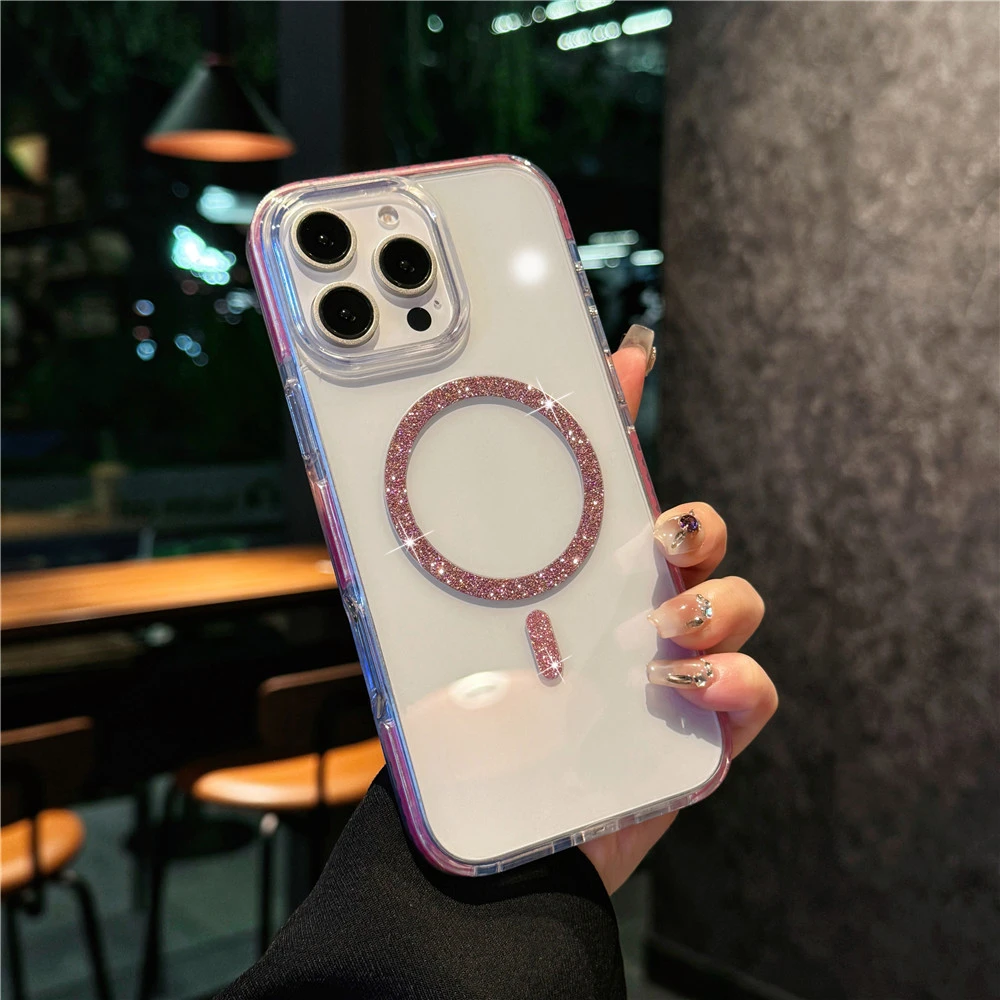 适用iPhone16/15/14/13/12系列透明闪粉磁吸防摔手机壳保护套女款