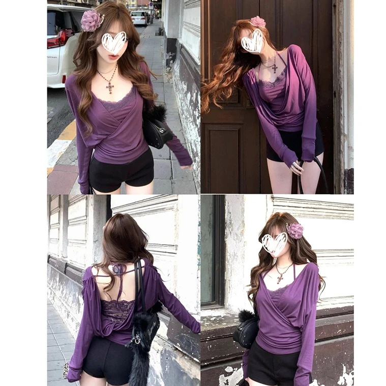 性感紫色蕾丝拼接吊带长袖t恤两件套装女春秋修身打底衫辣妹上衣