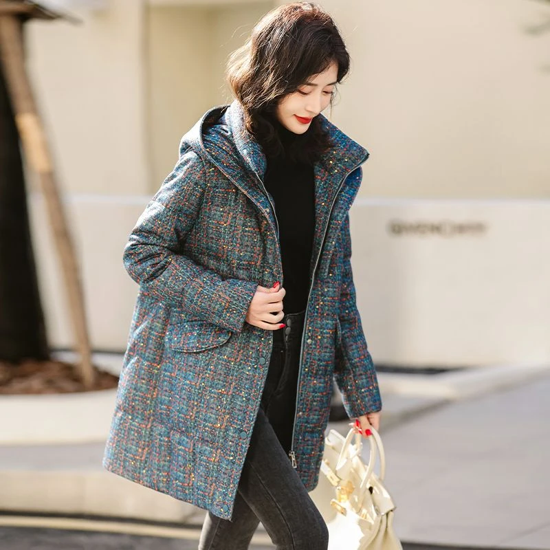 琉璃精纺白鸭绒羽绒服2025冬季新款时尚连帽加厚小香风羽绒外套女