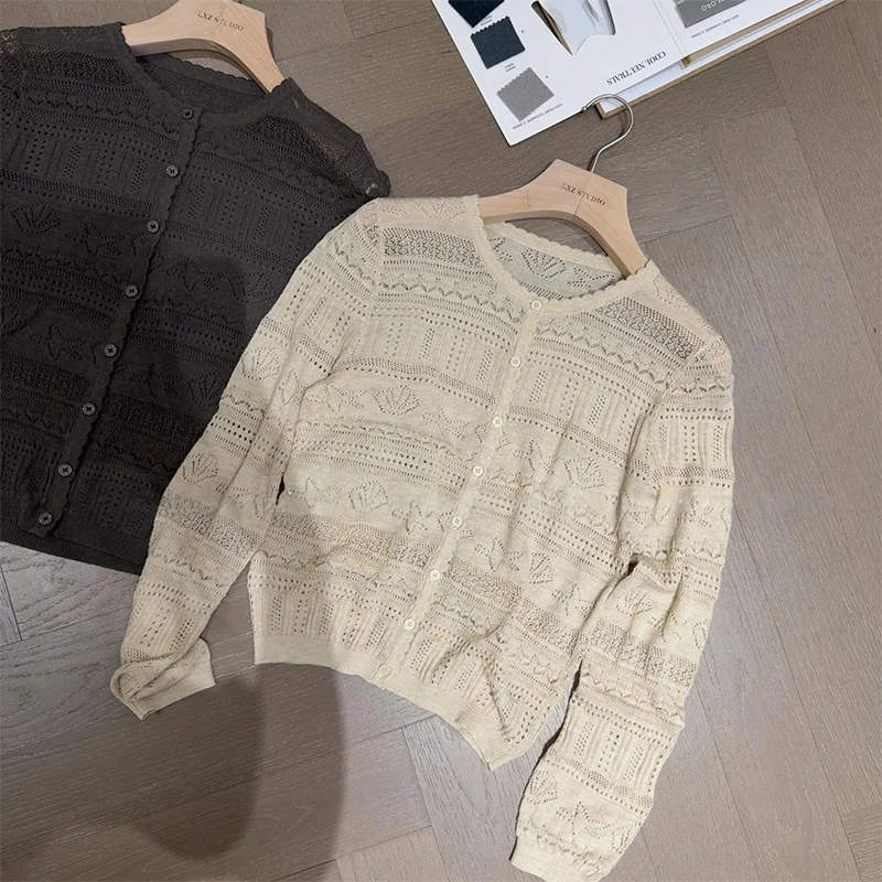 设计感钩花镂空长袖针织衫女2025春秋新款气质显瘦百搭打底衫上衣