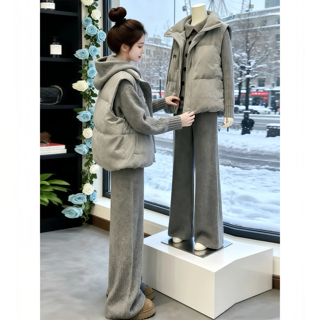 霖优【北海道初冬】冬季穿搭一整套女棉服马甲针织上衣阔腿裤三件套