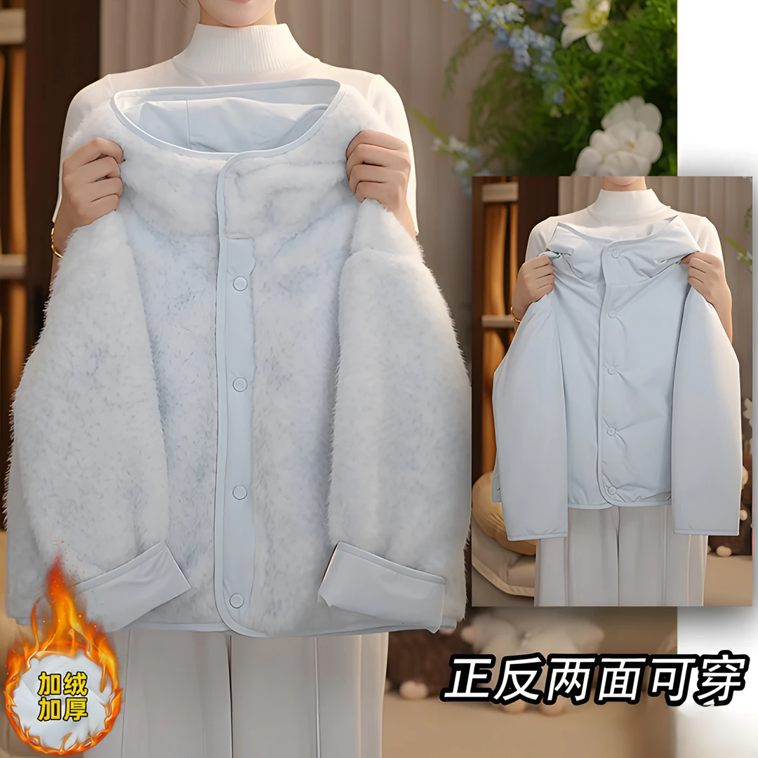 女童两面穿毛毛衣外套2025新款秋冬加厚羊羔毛连帽保暖棉服冲锋衣