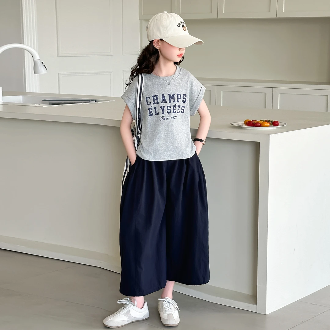 女童夏装套装2025新款儿童洋气中大童韩版时髦短袖休闲宽松九分裤