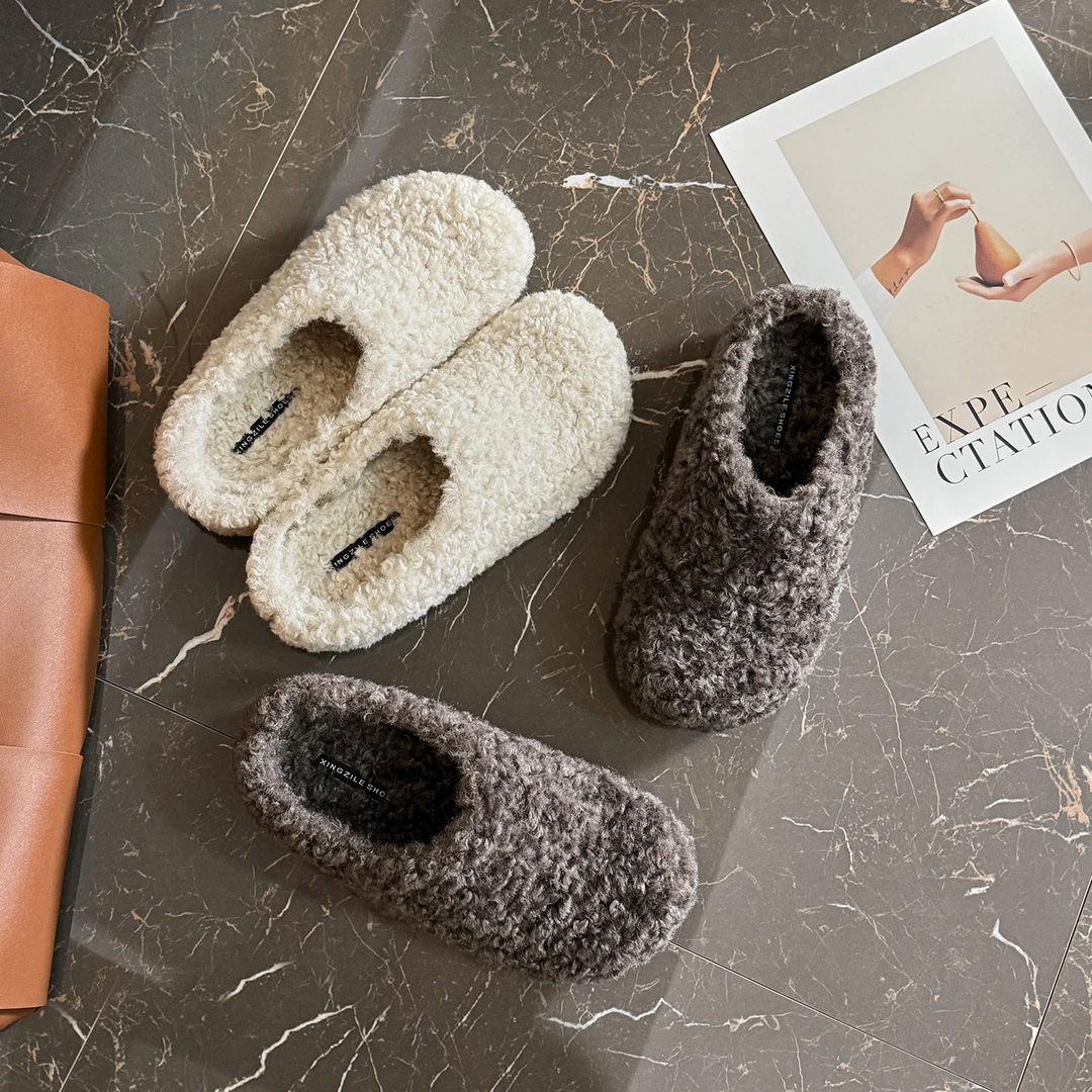 【小鹿家】毛毛鞋5CM内增高毛拖棉鞋小个子保暖包头鞋加绒毛毛女鞋