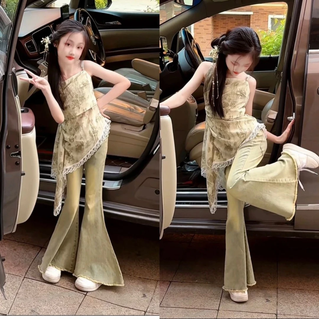 女童夏装套装2025新款女大童时髦洋气吊带牛仔喇叭裤中大童两件套