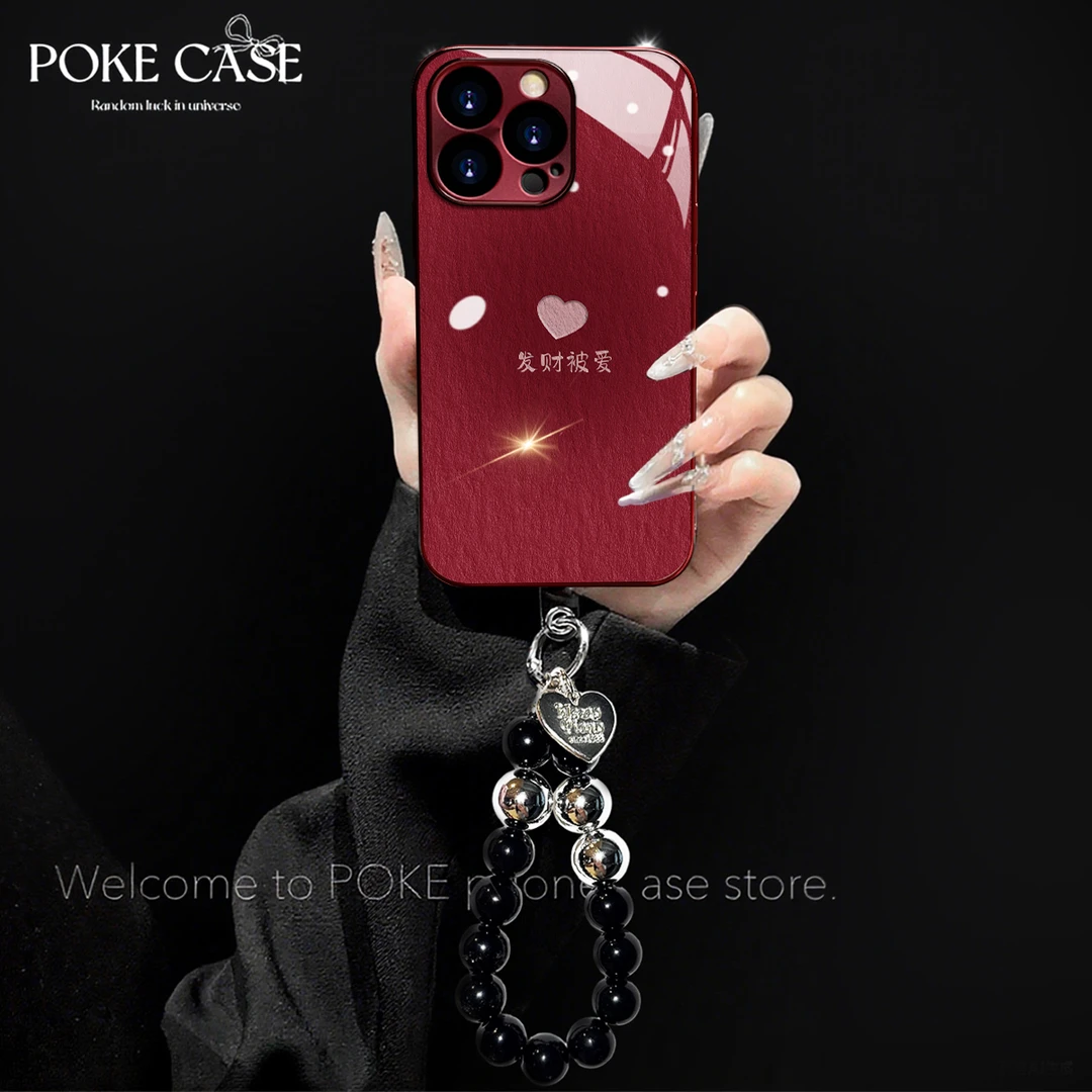 高级电镀酒红玻璃发财被爱适用苹果oppo华为vivo小米手链手机壳