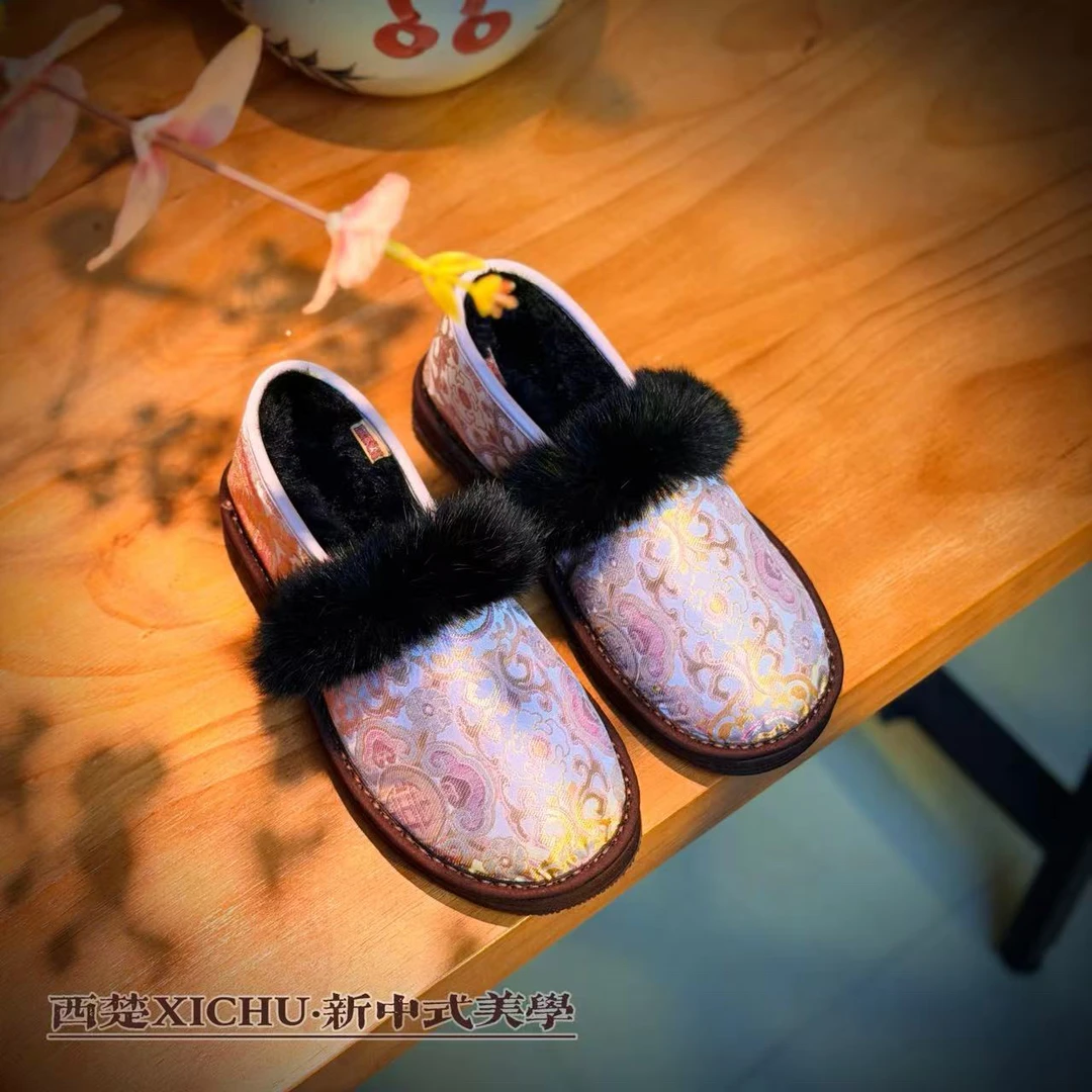 西楚【粉色八达晕毛条款】宋锦面料大棉鞋毛条款手工布鞋