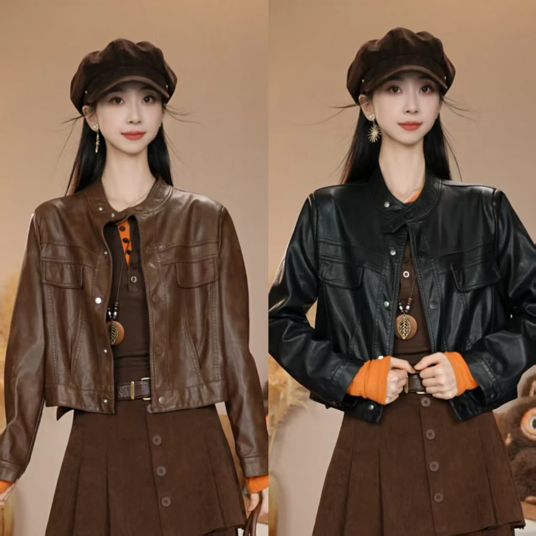 唐乐乐｜25new新款酷飒机车风立领长袖短款皮衣外套女 BF1902