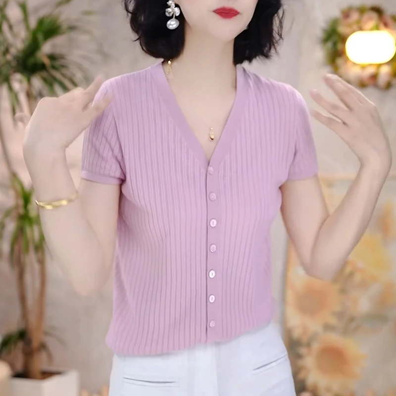 吉岚严选女装直播间同款2025夏V领新款针织短袖开衫气质休闲上衣