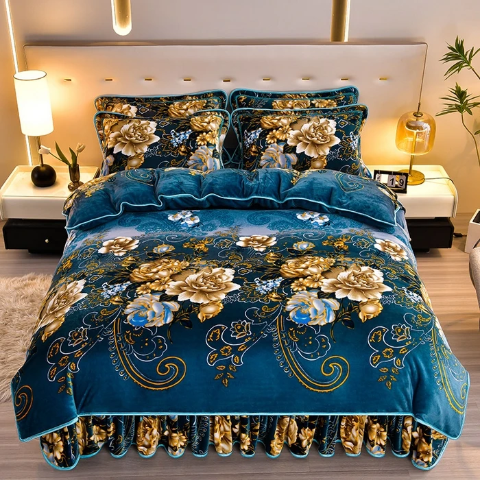 新款加绒加厚8-9斤牛奶绒四件套双面绒被套被罩可机洗手洗床裙