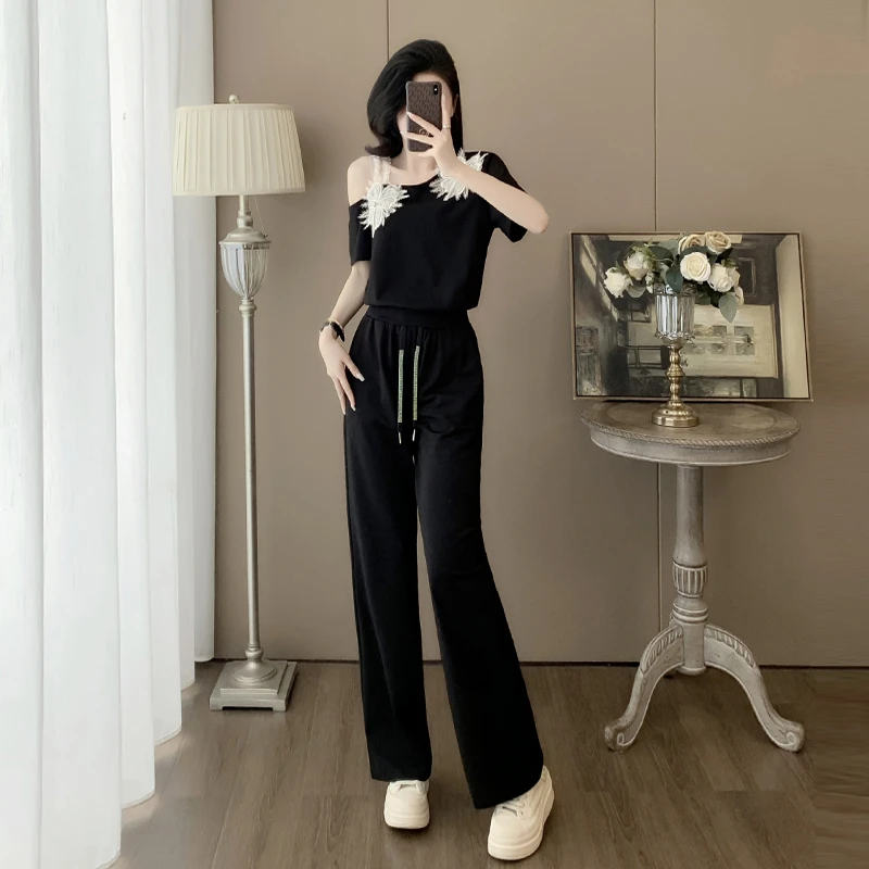 休闲时尚运动套装女夏季显瘦气质减龄露肩短袖阔腿裤两件套洋气