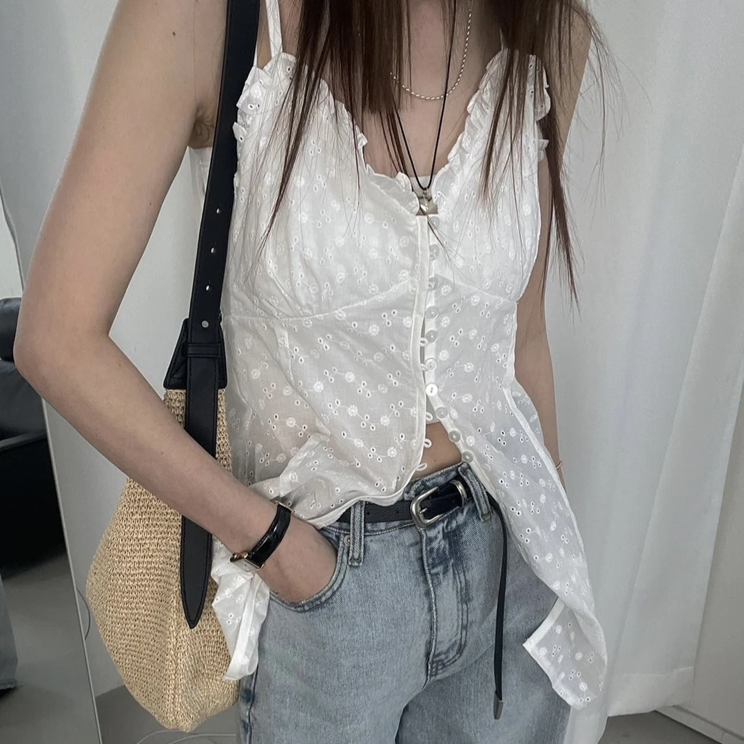 全棉绣花吊带 木耳花边背心 无袖时尚内搭