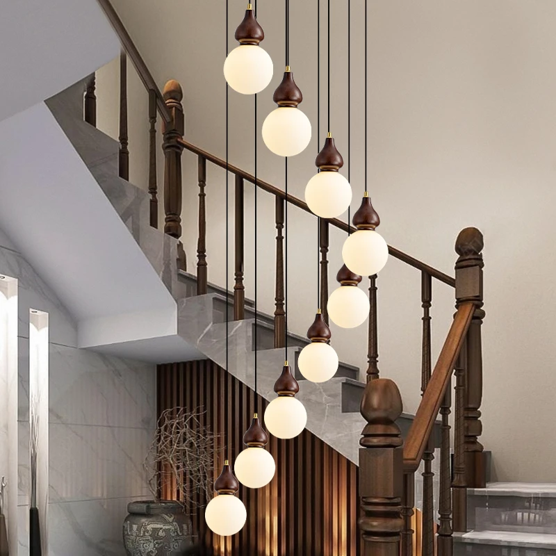 新中式中山别墅复式楼公寓客厅灯实木长吊灯床头大灯led餐厅灯具