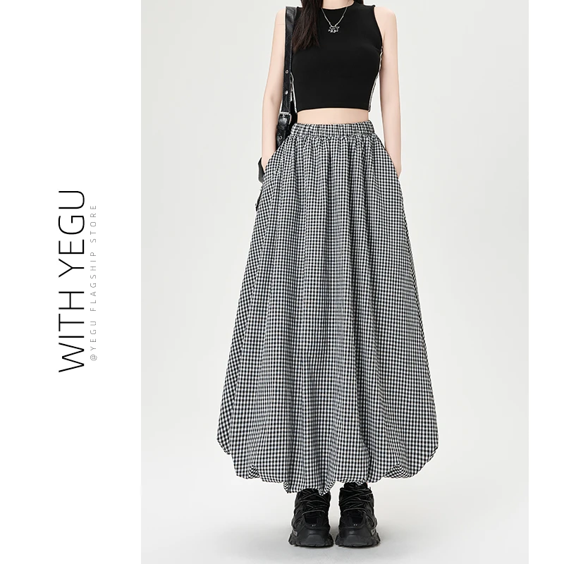 黑白格子花苞裙女春夏高腰拼接a字格纹长裙小个子气质泡泡蓬蓬裙