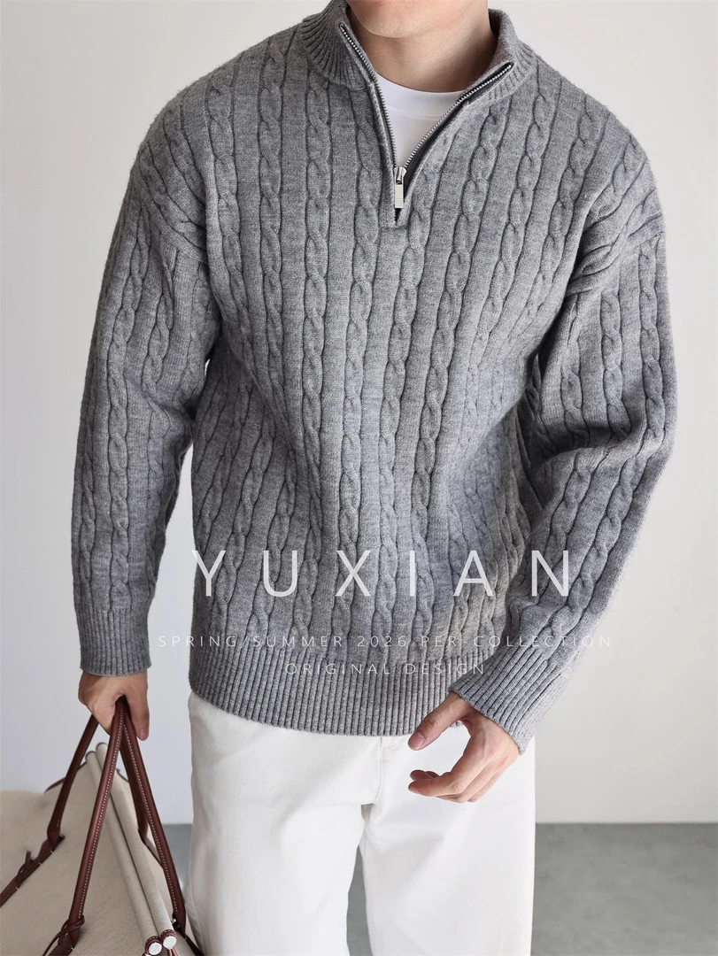 YUXIAN美式复古纽花半拉链休闲商务套头针织长袖保暖毛衣秋冬男士