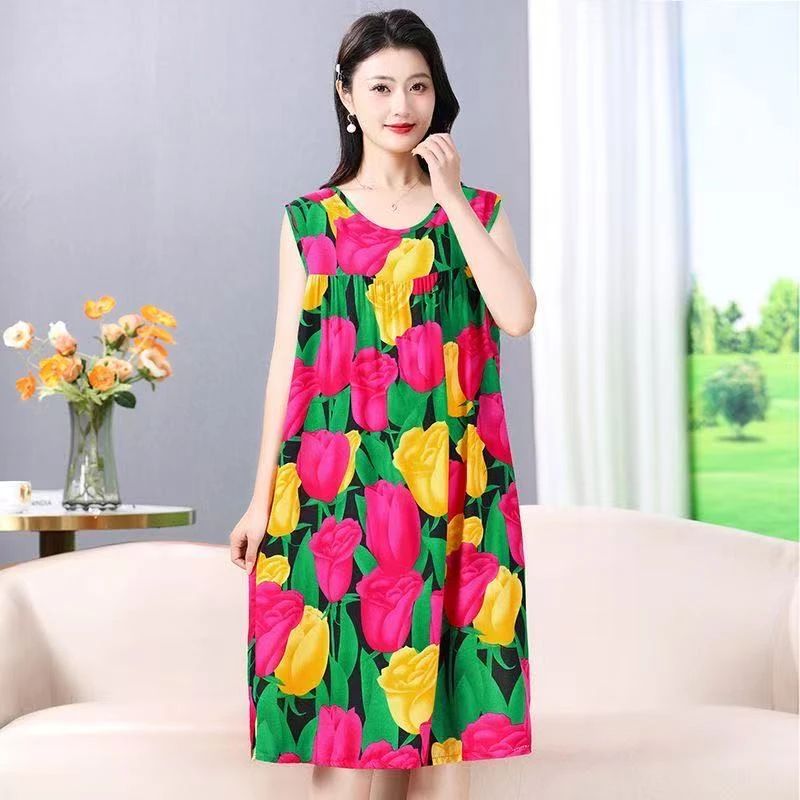 23号 彩色郁金香  2025新款 短袖人棉大码妈妈装中长款宽松绵绸时