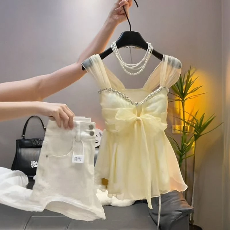 2025夏季一整套新款时尚设计感辣妹蝴蝶结无袖吊带背心短裤两件套