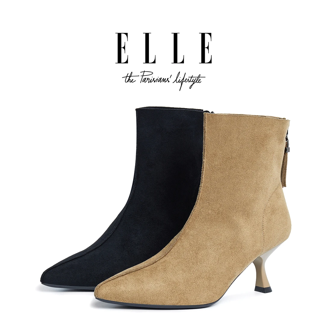 ELLE配大衣专用尖头高跟短靴女2025新款绒面百搭洋气性感时装靴