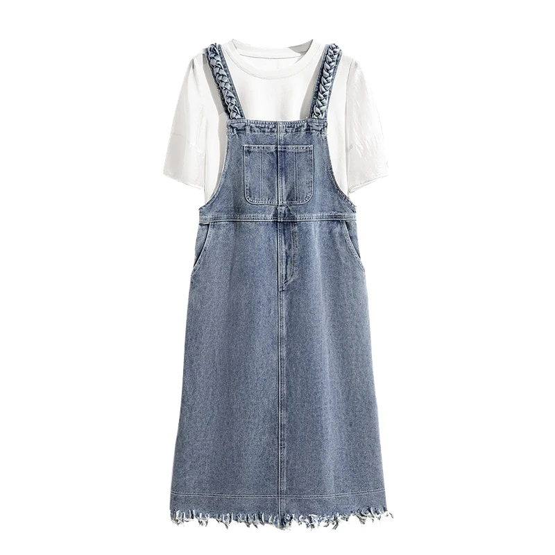 她池2025春装新款女装水洗毛边裙摆后开叉中长连衣裙T51H0519LA