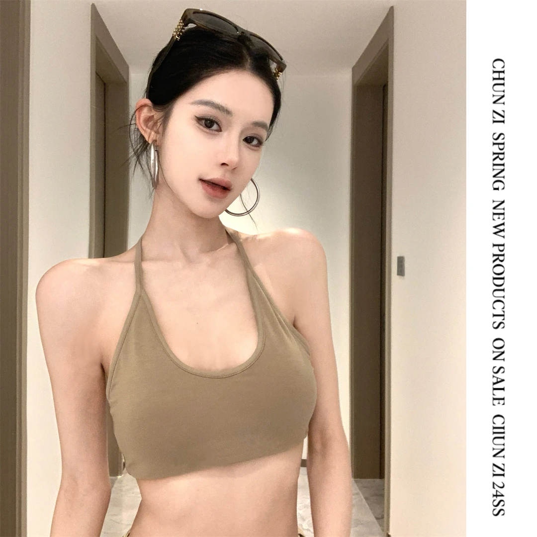【CHUN ZI】自带胸垫挂脖吊带背心女夏季辣妹纯欲修身绑带短款上衣